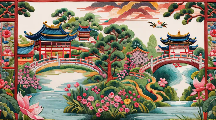 needlepoint，embroidery antique scene，fenghuang，lotus flower，waterfall man，blue-sky，baiyun，chinese landscape painting