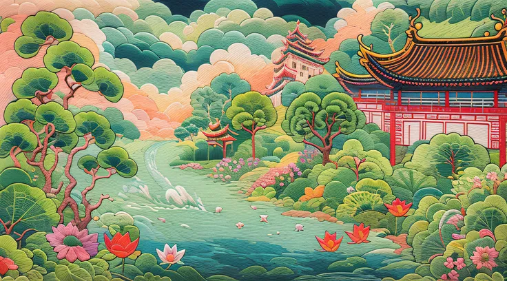 needlepoint，embroidery antique scene，fenghuang，lotus flower，waterfall man，blue-sky，baiyun，chinese landscape painting