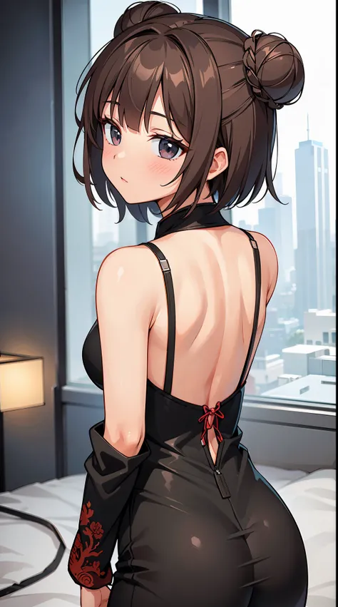 (in 8K, Raw photography, Best Quality, masutepiece: 1.2), high-definition RAW color photography, Professional Photography, Cinematic Light, (animesque:1.2), (1 young chinese woman), (Brown hair, short-cut, Bun head)slenderbody, ((Black cheongsam with color...