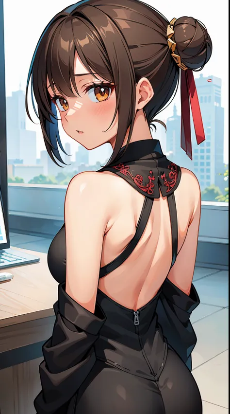 (in 8K, Raw photography, Best Quality, masutepiece: 1.2), high-definition RAW color photography, Professional Photography, Cinematic Light, (animesque:1.2), (1 young chinese woman), (Brown hair, short-cut, Bun head)slenderbody, ((Black cheongsam with color...