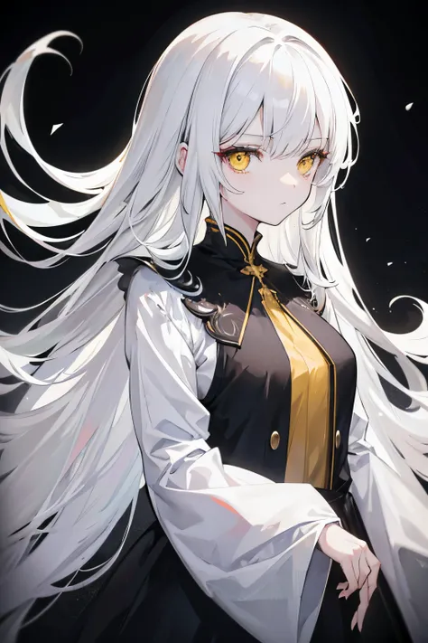 Anime Girl, long white hair, Beautiful yellow eyes, wearing a beautiful black and white dress, Looks expressionless and a little sad, Full body, Detailed, Good anatomy, beautiful dark background, 8K, High resolution