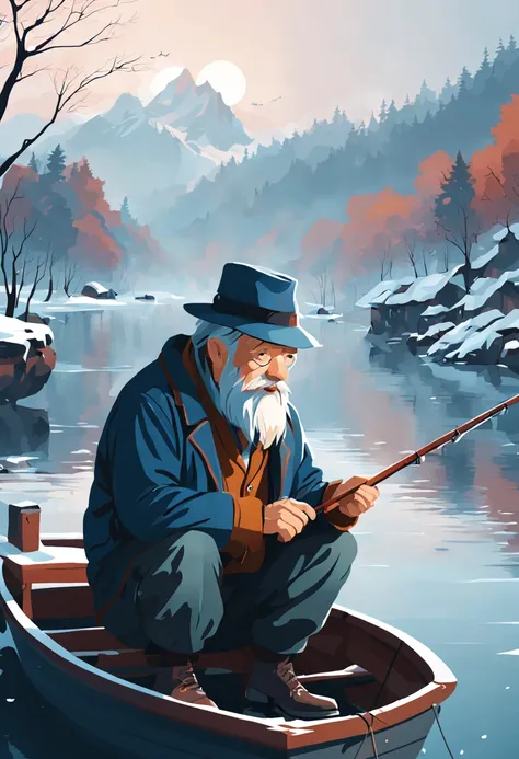 embroidery, a old man fishing on the boat, winter, flat vector art, intricate, (best quality, masterpiece, representative work, ...