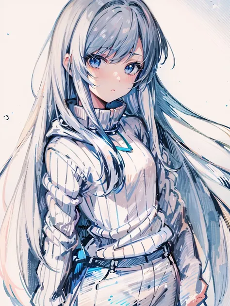 anime girl with long white hair and blue eyes in a striped shirt, anime girl with long hair, silver hair girl, girl with white h...