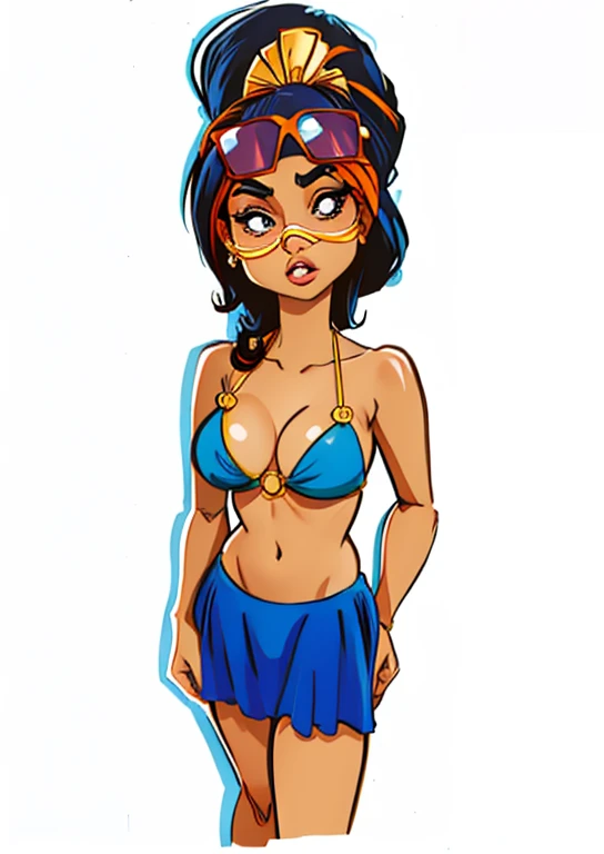 cartoon woman in blue bikini and sunglasses in front of white background, in cartoon style, arte dos desenhos animados, mulher mexicana bronzeada bonita, mulher bonito, Chibi, Close-up de corpo inteiro, is wearing a swimsuit, Cartoon style illustration, Re...