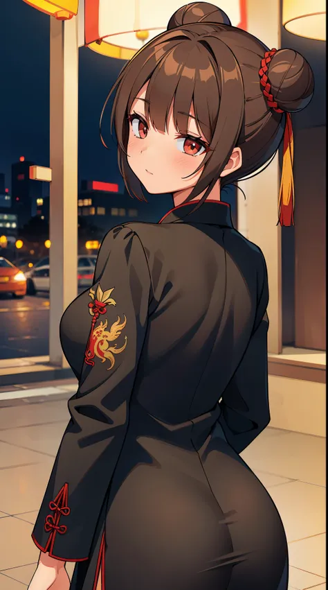 (in 8K, Raw photography, Best Quality, masutepiece: 1.2), high-definition RAW color photography, Professional Photography, Cinematic Light, (animesque:1.2), (1 young chinese woman), (Brown hair, short-cut, Bun head)slenderbody, ((A black cheongsam dress wi...