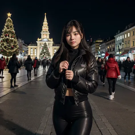 21-year-old, Chinese girl, cute, , fit body, super realistic picture, Black winter jacket, black leggings ,in a xmass town , Vienna Austria , Christmas themed street, one  big Christmas tree in the background , winter time ,