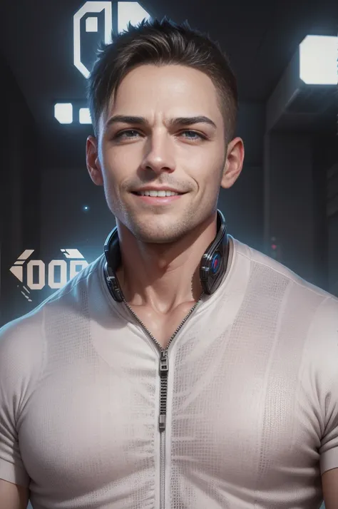 cyberpunk, realistic face, 37 year boy, 8k ultra same expression same angle looking in camera with a smile short hair