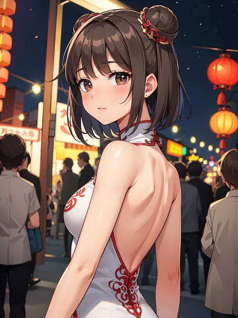 (in 8K, Raw photography, Best Quality, masutepiece: 1.2), high-definition RAW color photography, Professional Photography, Cinematic Light, (animesque:1.2), (1 young chinese woman), (Brown hair, short-cut, Bun head)slenderbody, ((A white Chinese dress with...