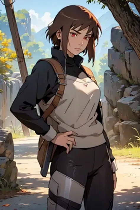 woman,scar,short brown hair, red eyes, tall,