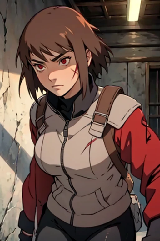 woman,scar,short brown hair, red eyes, tall,