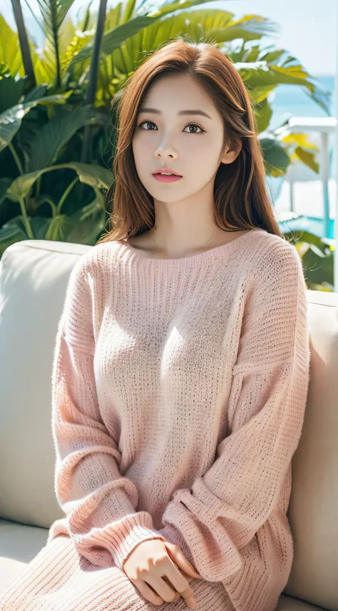 film photo, 1 beautiful women: 1.2, pale pink sweater, Brown hair long, Very rich facial details, Sit on a white sofa, Background with: sea resort, En plein air, rays of sunshine, Camera gaze