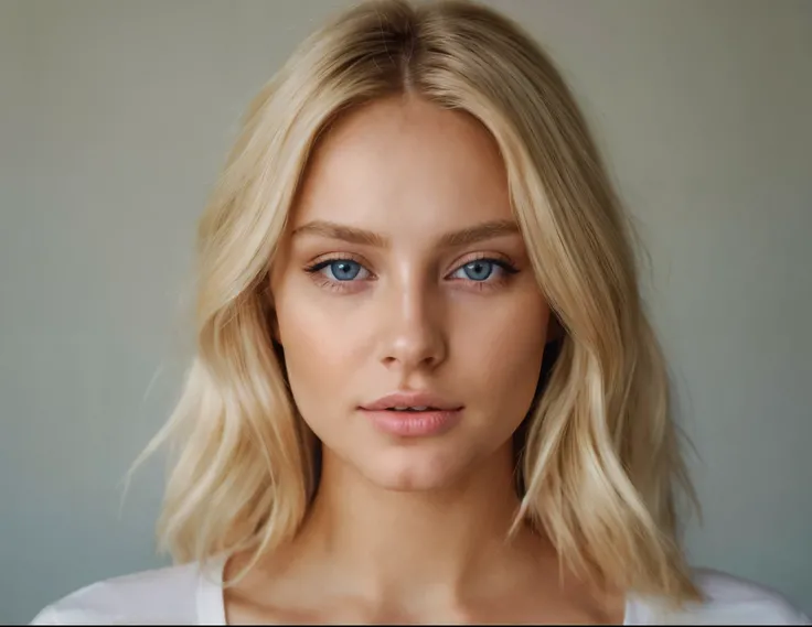 blond woman with hazel eyes and a white tshirt looking at the camera, portrait of beautiful Russian Instagram influencer, detailed perfect face, blonde and attractive features, photo of a beautiful woman, portrait of a beautiful model, long blonde hair, cl...