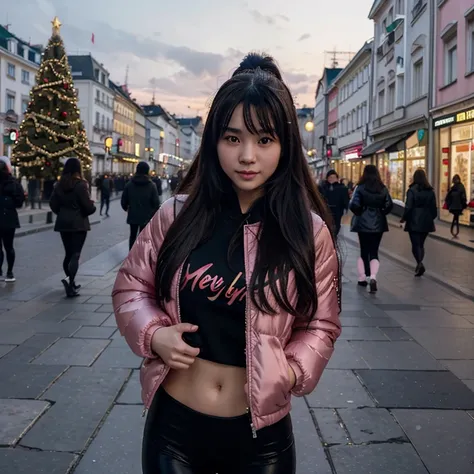 21-year-old, Chinese girl, cute, , fit body, super realistic picture, Black winter jacket, pink shirt, black leggings ,in a xmass town , Vienna Austria , Christmas themed street, one  big Christmas tree in the background , winter time ,