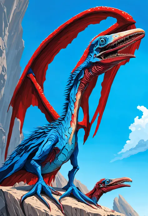 deformed pterosaur with gleaming eyes, one blue the other red, perched on a rocky outcrop on a bright blue day with fangs dripping with blood.