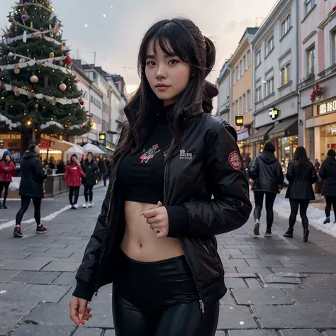 21-year-old, Chinese girl, cute, , fit body, super realistic picture, Black winter jacket, pink shirt, black leggings ,in a xmass town , Vienna Austria , Christmas themed street, one  big Christmas tree in the background , winter time ,