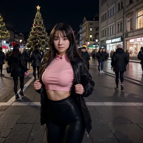 21-year-old, Chinese girl, cute, , fit body, super realistic picture, Black winter jacket, pink shirt, black leggings ,in a xmass town , Vienna Austria , Christmas themed street, one  big Christmas tree in the background , winter time ,