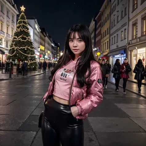 21-year-old, Chinese girl, cute, , fit body, super realistic picture, Black winter jacket, pink shirt, black leggings ,in a xmass town , Vienna Austria , Christmas themed street, one  big Christmas tree in the background , winter time ,