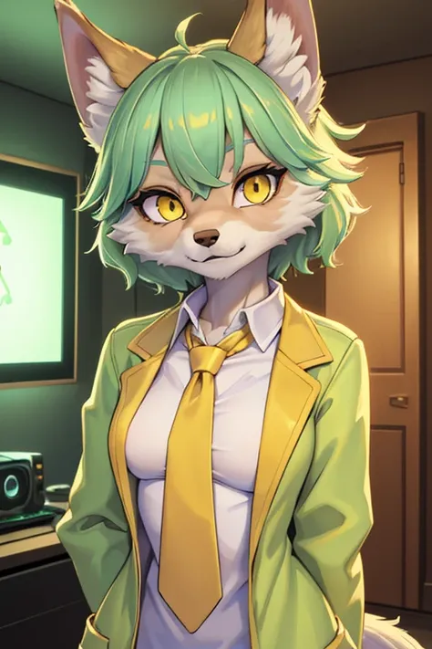 (best quality,4k,highres,masterpiece:1.2),ultra-detailed,realistic:1.37,portrait,(wolf girl),(small breasts),vibrant colors,apartment interior,mint green short fluffy hair,glowing yellow eyes,golden scientist jacket,gold necktie