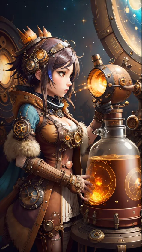 steampunkai。masutepiece。top-quality。ren。One lady。observing galaxies in a flask。The background is a cluttered laboratory.。