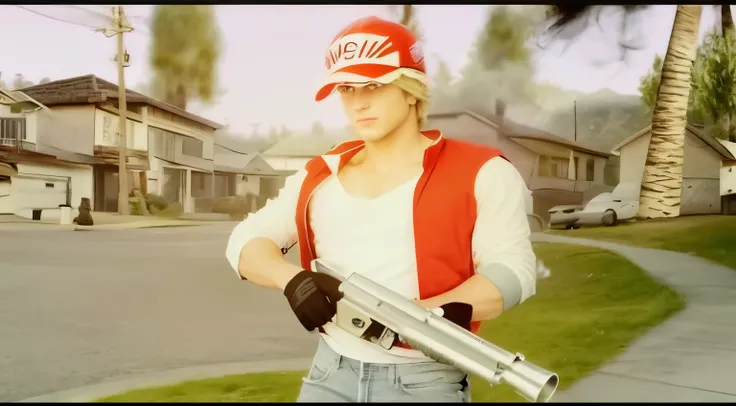 shot gun, jeans, blonde man, white shirt, motorcicle gloves, houses background