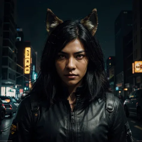 HD, High Quality, 8K, black werewolf Boy, human form, yellow eyes, fake wolf ears, Solo, Concept Art, Full Growth, Character Design, cyberpunk style, night city on the background, sci-fi, starry night, Digital Art