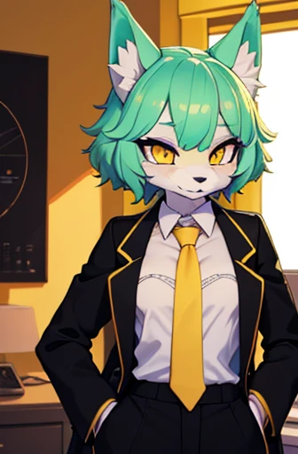 beautiful wolf girl, (small breast), vibrant colours, apartment interior, mint green short fluffy hair, glowing yellow eyes, (golden scientist jacket and necktie), (black suit shirt) and dress pants