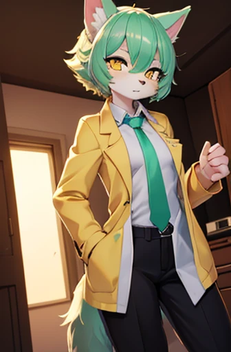 beautiful wolf girl, (small breast), apartment interior, mint green short fluffy hair, glowing yellow eyes, (golden scientist jacket and necktie), (black suit shirt) and dress pants