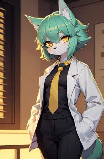 beautiful wolf girl, (small breast), apartment interior, mint green short fluffy hair, glowing yellow eyes, (golden scientist jacket and necktie), (black suit shirt) and dress pants