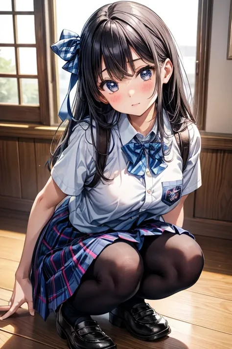 He&#39;s bending over wearing a blue checked bow tie., hi-school girl, School Ribbon, Cute Schoolgirl, School Girl, Japan school uniform, High school girl posing, a japanese girl, dressed as schoolgirl, Japanese Models, wearing japanese school uniform, blu...