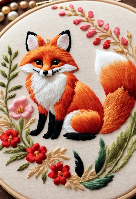 needlepoint page, embroidery art, embroidery texture, cute fox, chinese style, embroidery_on_photo, intricate