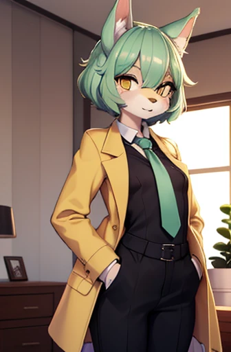 (best quality,highres),ultra-detailed
#wolf girl, apartment interior, mint green short fluffy hair, yellow eyes, golden scientist coat, necktie, black suit shirt, dress pants, fully clothed, small breast

The prompt for Stable Diffusion ieautiful wolf girl...