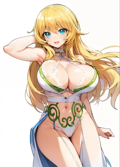 an anime girl、beautiful a girl、Cool girl、female high-school student、garments:Bikini swimwear、very long blonde girl、Green-eyed girl、solo、rating:safe、White bikini swimsuit、huge tit、girl with very big breasts、navel、thigh_gap、day、jewelry、looking_at_viewer、blue...