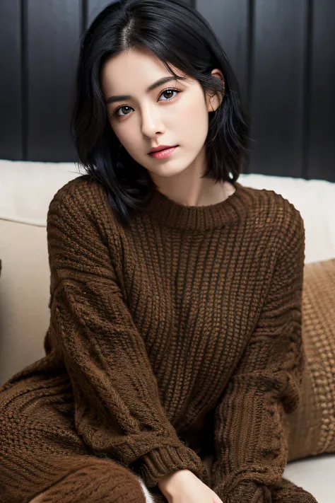 Realistic lighting, Best quality, 8K, Masterpiece: 1.3. 1 girl, black hair, Super fine face, Fine eyes, Double eyelids Perfect Figure: 1.4, sitting on a cozy sofa, winter clothes