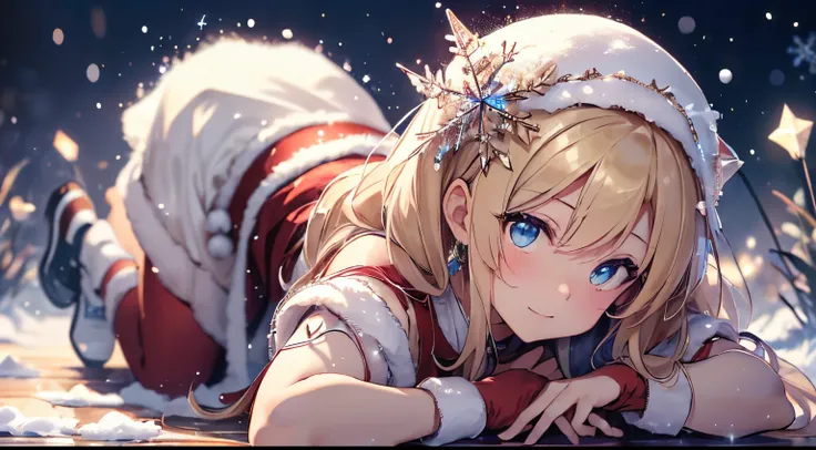 quality、image quality、masterpiece、Teenage girl((Metallic red Santa costume、Santa Claus style skirt、Santa style vest、Nineteen years old、 aging person、best bust、big bast,Beautiful wide open light blue eye pillow, A blonde、A slender one,Great Valley、Stain you...