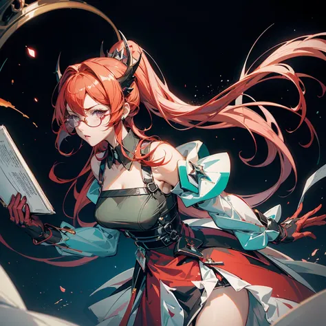 Mature anime girl (28 years old), red hair, high ponytail, one white streak of hair in the front, crystal hair band , ((glasses)), librarian dress, shoulder pads that look like wings, color palette red gold and teal, books