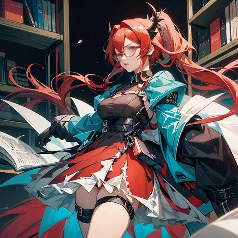 Mature anime girl (28 years old), red hair, high ponytail, one white streak of hair in the front, crystal hair band , ((glasses)), librarian dress, shoulder pads that look like wings, color palette red gold and teal, books