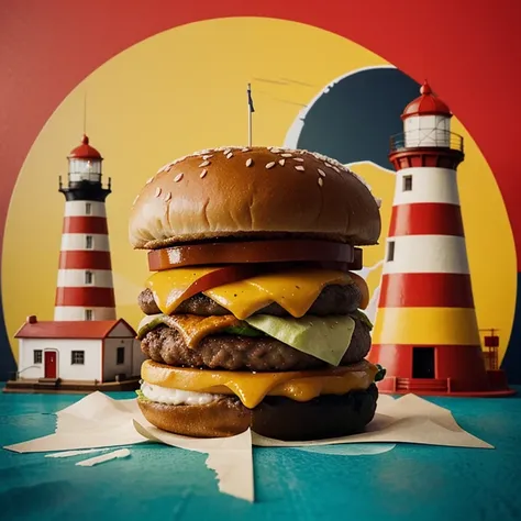 Create a retro burger logo with a lighthouse. With the lighthouse and the burger in evidence