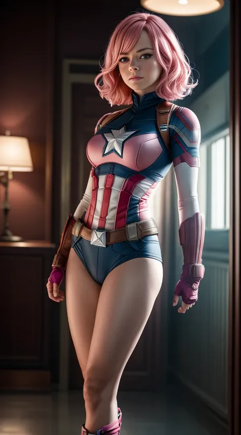 realistic image of emma stone as captain america no panties full body photography of (kathwin: 1), (Rim lighting in pink hair), Sharp, shallow depth of field, feminine heroic, (curvas: 1,2), (altamente detalhado), (premiado), (obra-prima), foto do filme, (...