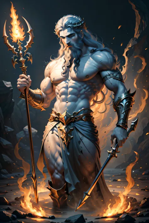 ((Best quality)), ((Masterpiece)), (detailed), depiction of Hades of Greece, (mythology: 1.2), (majestic appearance: 1.1), (spear of the underworld in the hand: 1.2), flowing beard and hair, muscular physique, wearing a crown made of shells, (realm of the ...