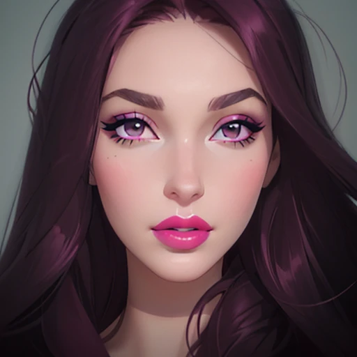 a close up of a woman with long hair and a pink lipstick, portrait sophie mudd, pink lips, sexy face with full makeup, close up face, stunning closeupheadshot, dark lipstick, pink lipstick, dark hair and makeup, inspired by Ksenia Milicevic, deep red lips,...