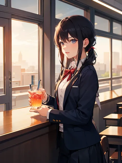 best quality, 1 female, student, stands, drinks water, evening