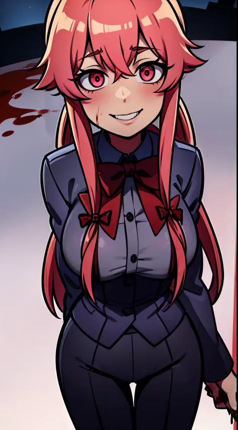 yuno gasai, long hair, pink hair, smile, low twintails, yuno gasai, (Black, Lilien Tailcoat Black Pure Rose:1.37), (large breasts:1.5), 1girl, red eyes, (night:1.1), (evil eyes:1.1), Ladies Lace Up Boots, blood, (black trousers:1.1), (out door:1.5), (top h...