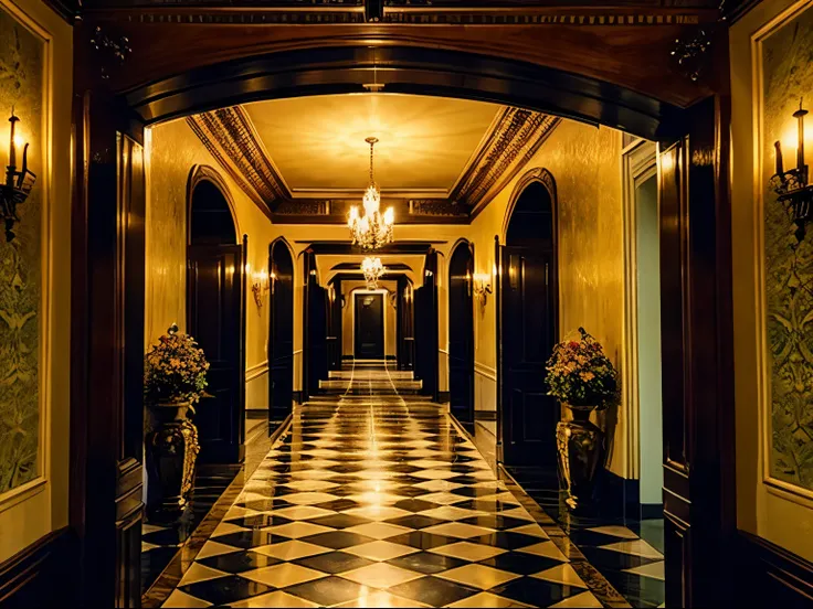 Gorgeous long corridors in the mansion, several doors, antique style, eerie