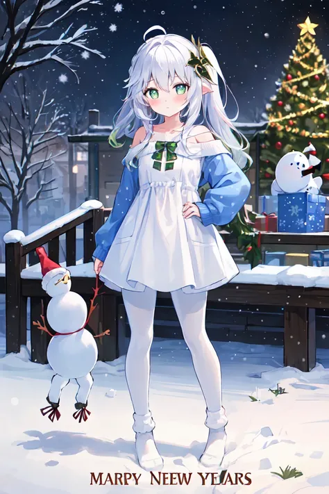 best quality,Christmas Day,1girl,muffler,long hair, sweater,drinking,new year, off shoulder,socks,bottle, long sleeves,milk,solo, ahoge, hand on hip,standing,new year, bangs, off-shoulder sweater, dress, no shoes, full body, blush, puffy long sleeves,sweat...