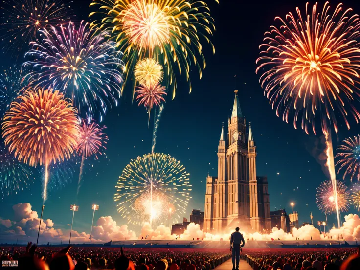 Pan across a grand scene where 3D stars explode in a dazzling fireworks display, marking Independence Day with patriotic flair. Add cinematic depth to this celebration.