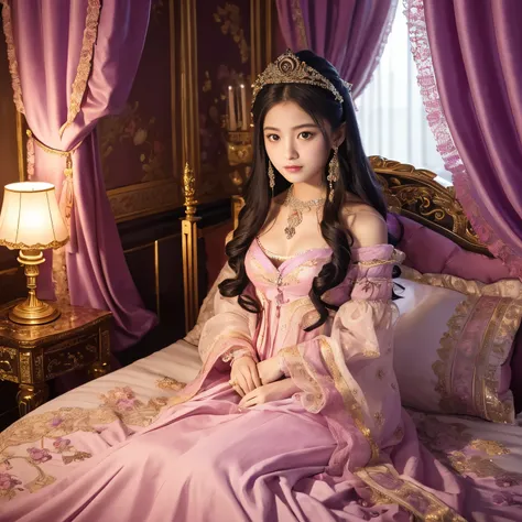 (top-quality、masutepiece、8K、Top image quality、Highly complex and detailed depictions)、one prostitute goddess、(Very young 12 year old goddess:1.5)、Ultimate luxury with everything you can imagine、most gorgeous goddess costume、(Surrounded by pink and purple c...