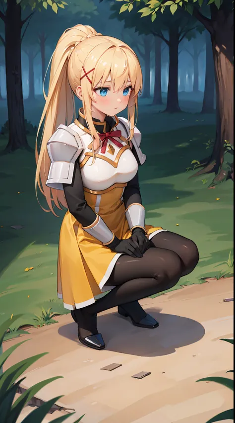 (in 8K, Raw photography, Best Quality, masutepiece: 1.2), high-definition RAW color photography, Professional Photography, Cinematic Light, (animesque:1.2), (1womanl), a blond, ((ksdarkness, ponytail, x hair ornament, armor, shoulder armor, bodysuit, black...