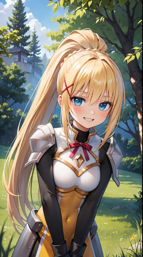 (in 8K, Raw photography, Best Quality, masutepiece: 1.2), high-definition RAW color photography, Professional Photography, Cinematic Light, (animesque:1.2), (1womanl), a blond, ((ksdarkness, ponytail, x hair ornament, armor, shoulder armor, bodysuit, black...