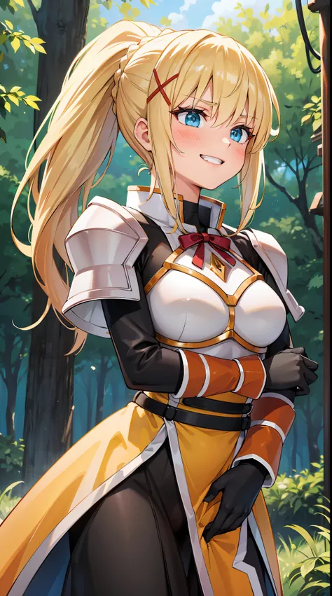(in 8K, Raw photography, Best Quality, masutepiece: 1.2), high-definition RAW color photography, Professional Photography, Cinematic Light, (animesque:1.2), (1womanl), a blond, ((ksdarkness, ponytail, x hair ornament, armor, shoulder armor, bodysuit, black...