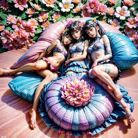 (((3 KAWAII girls laying, flower background, concept art))), ((SFW, nipple:-0.9)), (Acutance), (Extremely Detailed KAWAII Face variations, Facial expression variations), ( 8K finest-quality, ultra-detailed), ( realistic, (Hyper-Realism:1.37)), an extremely...